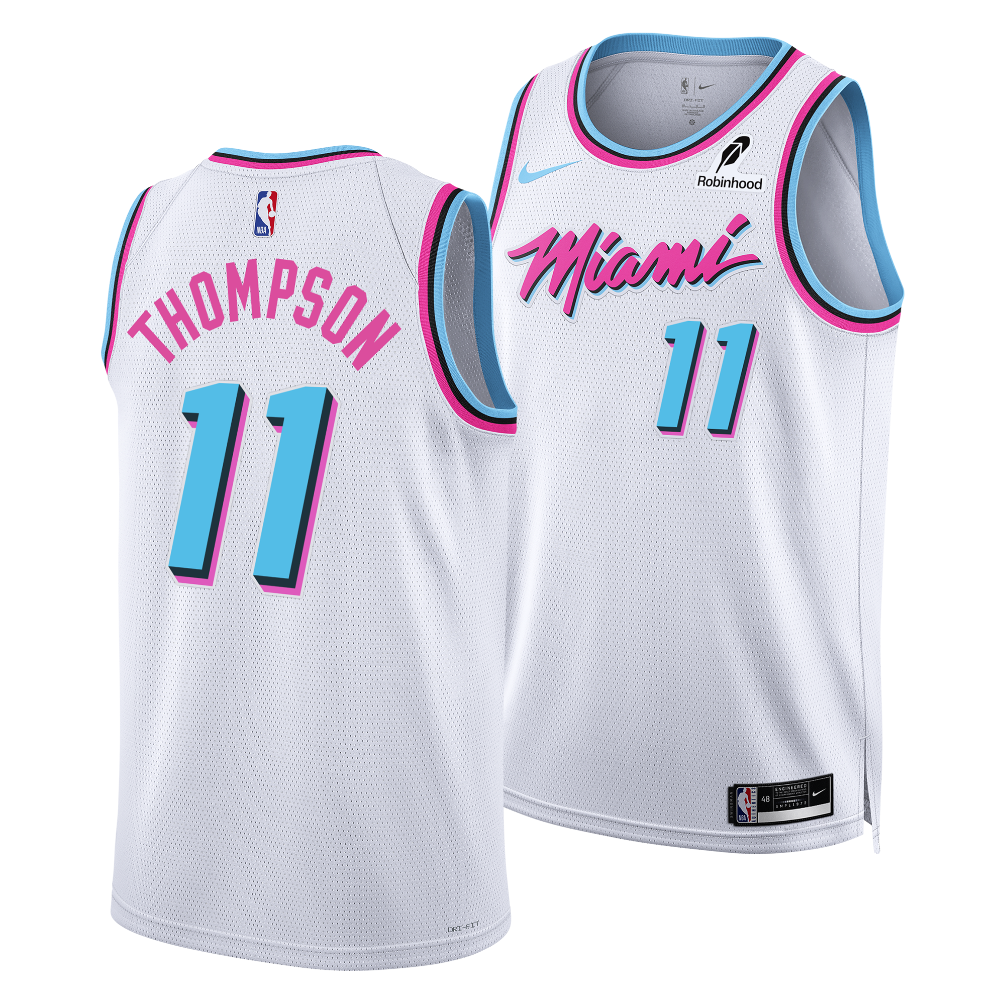 A Nike Original Vice Swingman Jersey for the Miami Heat, this white jersey features pink and blue accents, the number 11, and “Thompson” on the back. The front showcases “Miami” in script along with sponsor logos, making the Klay Thompson City Edition NBA jersey a standout piece from Nike.