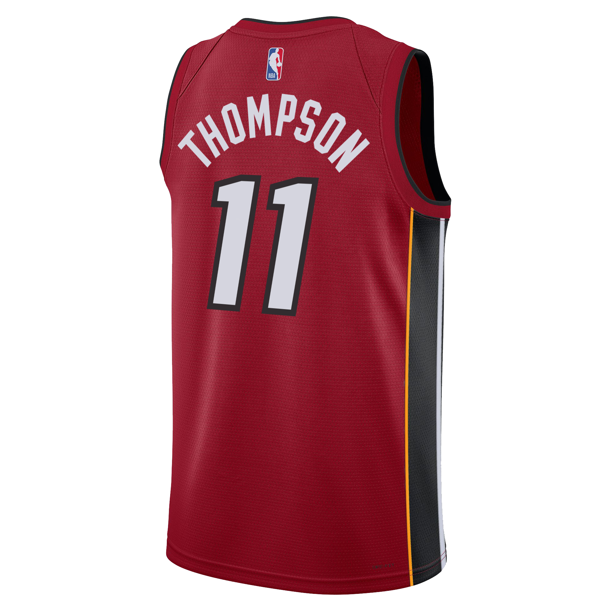 Back view of a red, moisture-wicking Klay Thompson Nike Jordan Brand Miami HEAT Statement Red Swingman Jersey featuring the name THOMPSON and number 11 in white lettering with black trim.