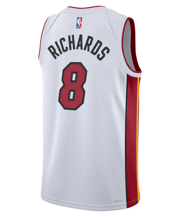 Nick Richards Nike Miami HEAT Association White Youth Swingman Jersey featuring a white sleeveless design with red and yellow side panels, displaying the word HEAT and the number 8 in red on the front.