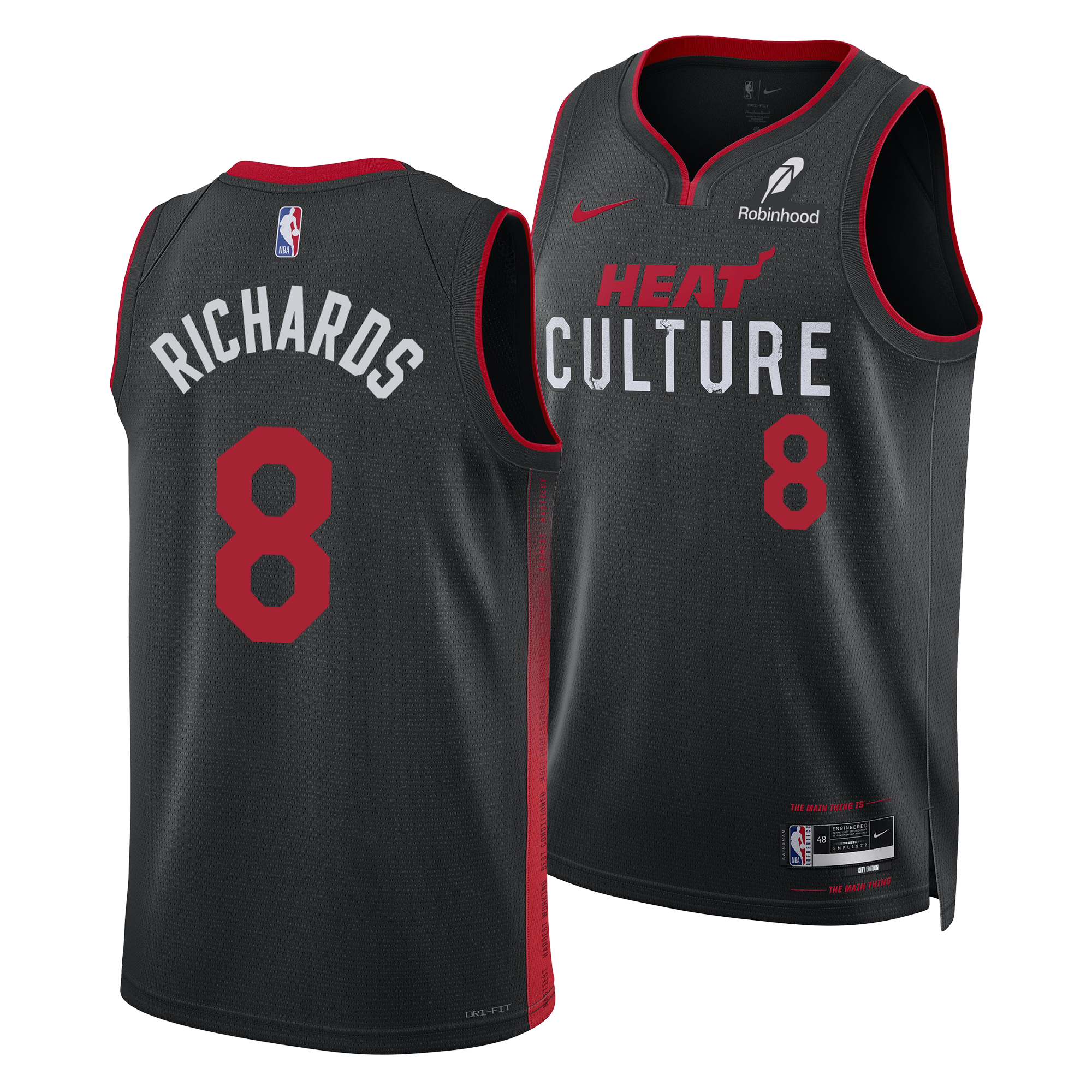 Front and back views of a black Nick Richards Nike HEAT Culture Swingman Jersey with red trim, featuring HEAT CULTURE and the number 8 on the front, and RICHARDS and the number 8 on the back.