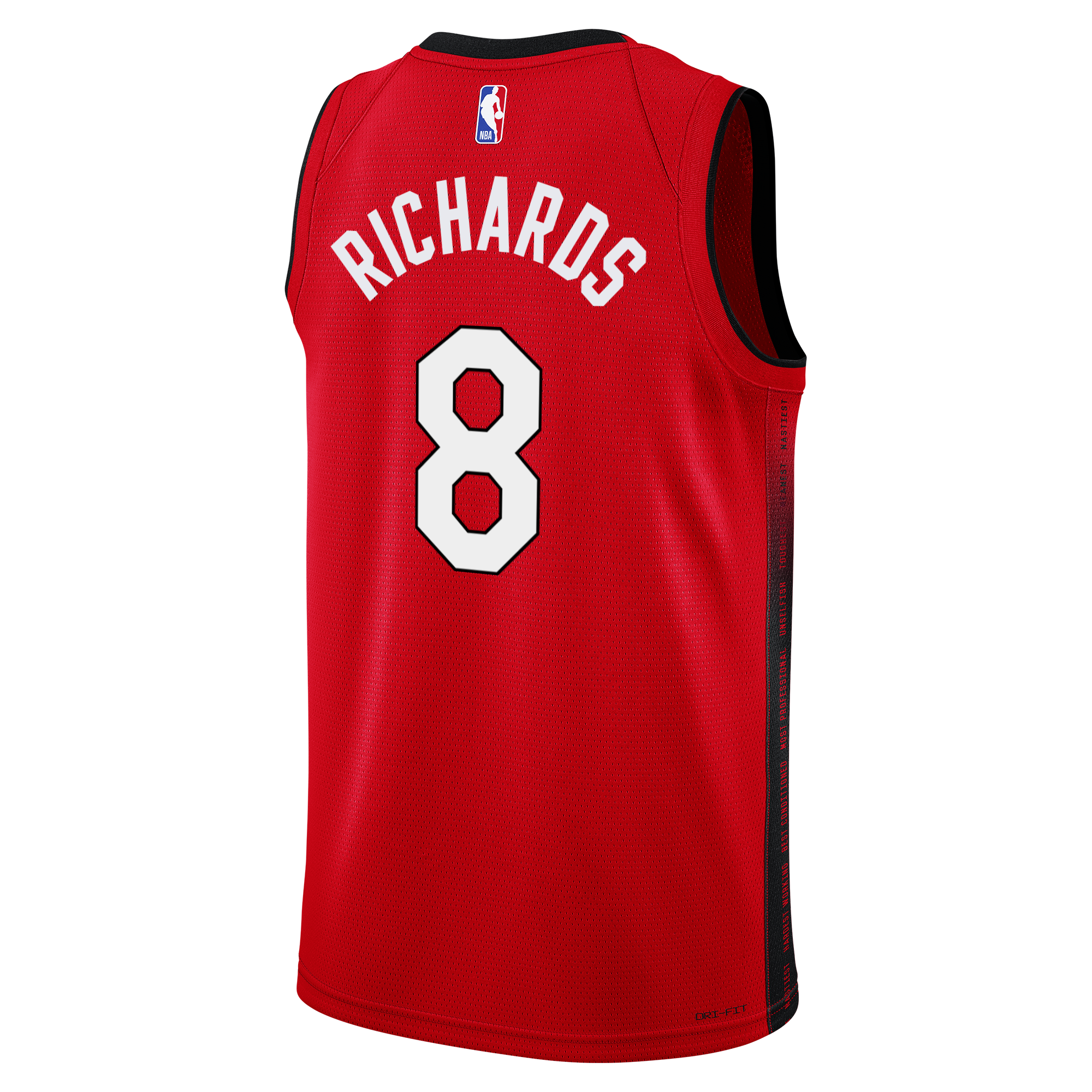 Back view of a blood red Nick Richards Nike HEAT Culture: Blood Red Swingman Jersey featuring the name RICHARDS and number 8 in white lettering.