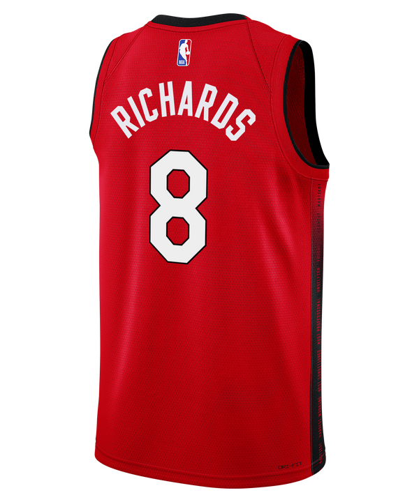 Nick Richards Nike HEAT Culture: Blood Red Youth Swingman Jersey in blood red with black trim, featuring the number 8 in black and white on the chest, a sponsor logo, and a jock tag at the hem.