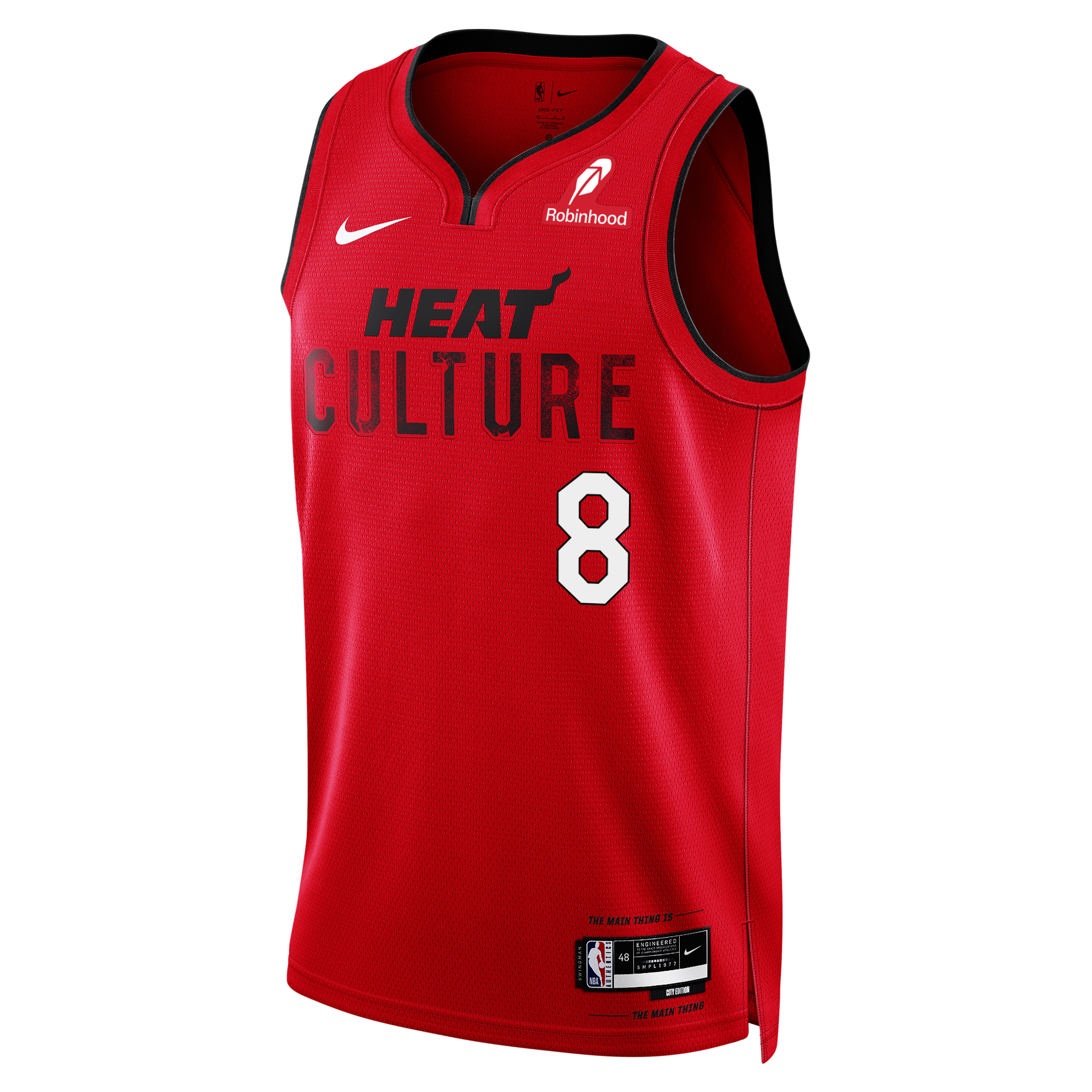 Blood red Nike HEAT Culture: Blood Red Swingman Jersey featuring HEAT CULTURE and the number 8 in black and white lettering on the front.