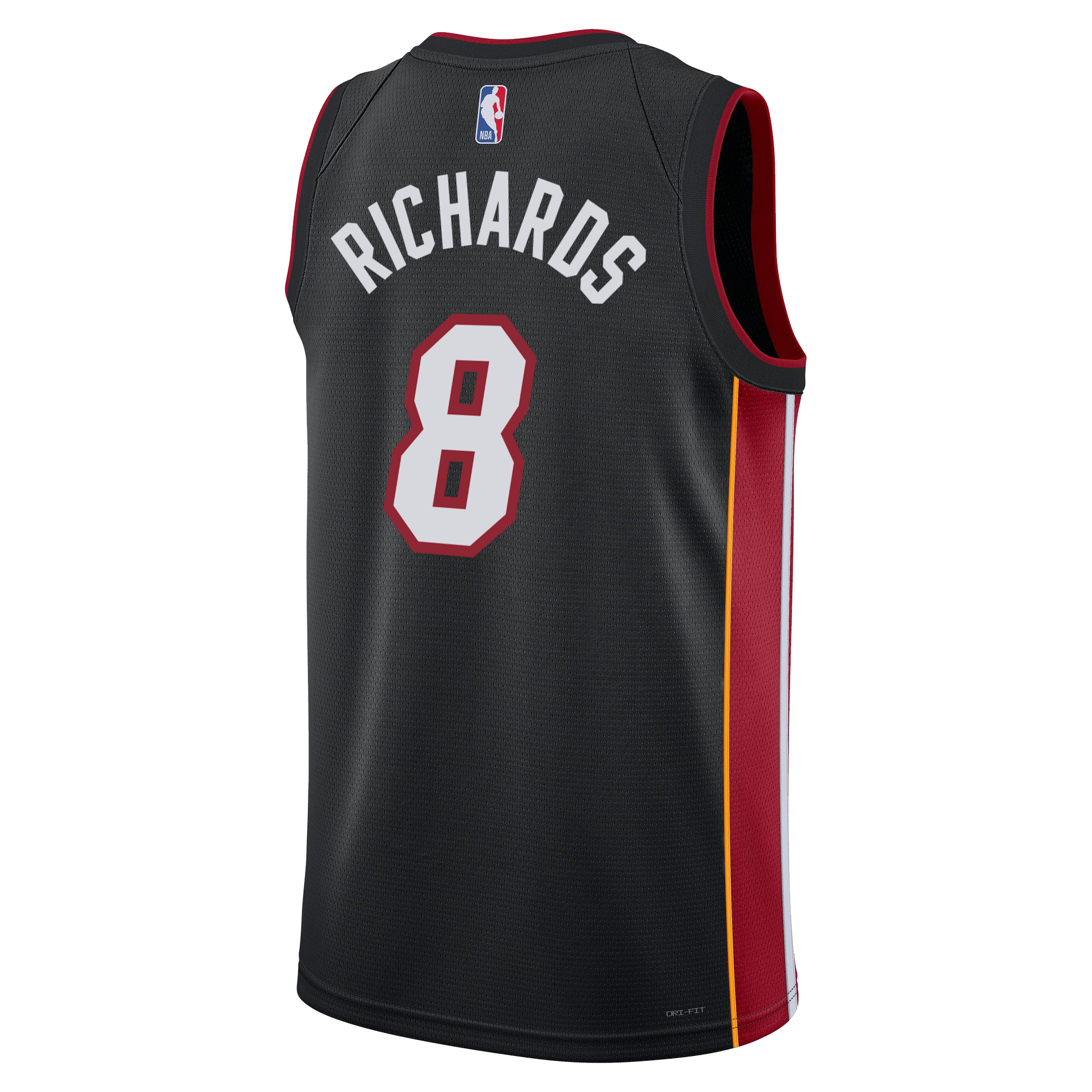 Back view of a moisture-wicking black Nick Richards Nike Miami HEAT Icon Black Swingman Jersey with the name RICHARDS and the number 8 in white with red trim.