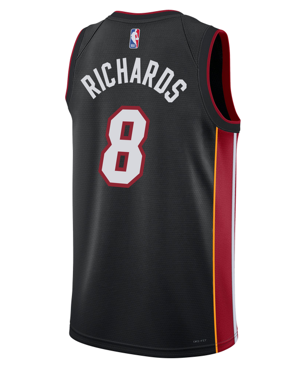 Nick Richards Nike Miami HEAT Icon Black Swingman Jersey in black moisture-wicking fabric with MIAMI and the number 8 in red and white on the chest, featuring red, orange, and white side panels.