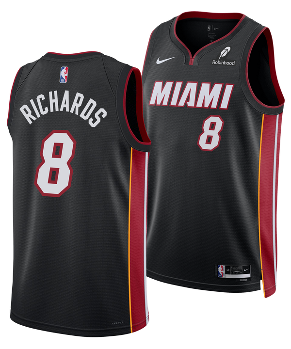 Nick Richards Nike Miami HEAT Icon Black Youth Swingman Jersey, featuring a black moisture-wicking design with MIAMI and the number 8 in red and white, red and orange side panels, and a sponsor logo on the shoulder.
