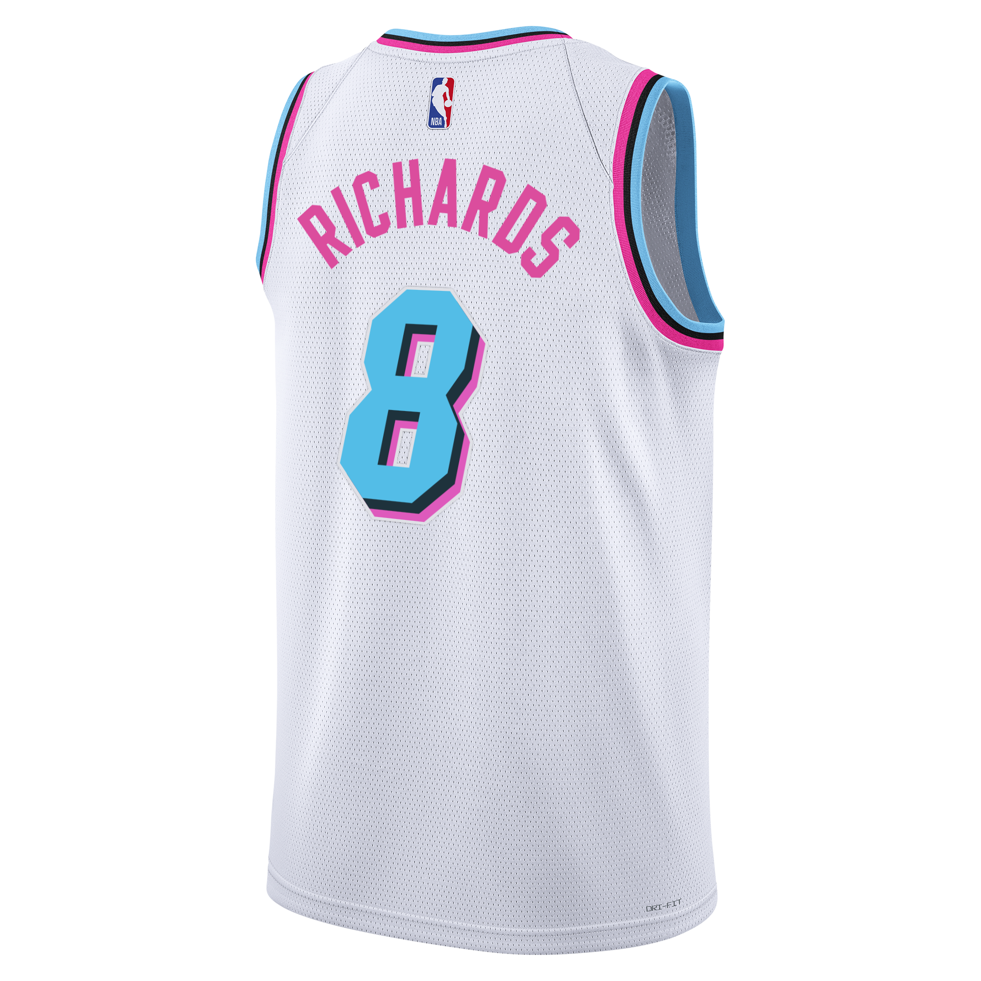 Back view of a white Nick Richards Nike Original Vice Youth Swingman Jersey with RICHARDS and the number 8 in pink and blue lettering.