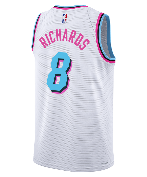 Nick Richards Nike Original Vice Youth Swingman Jersey in white with pink and blue trim and the number 8 on the front.