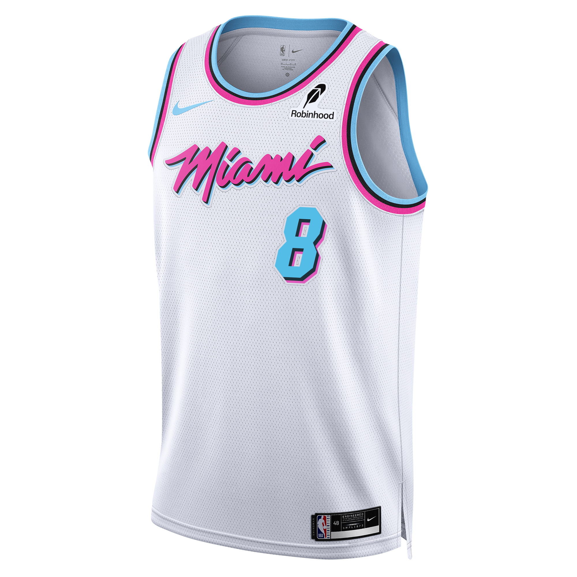 Nick Richards Nike Original Vice Swingman Jersey in white, featuring Miami in pink cursive script above the number 8 in blue and pink, with light blue and pink trim at the neck and armholes.