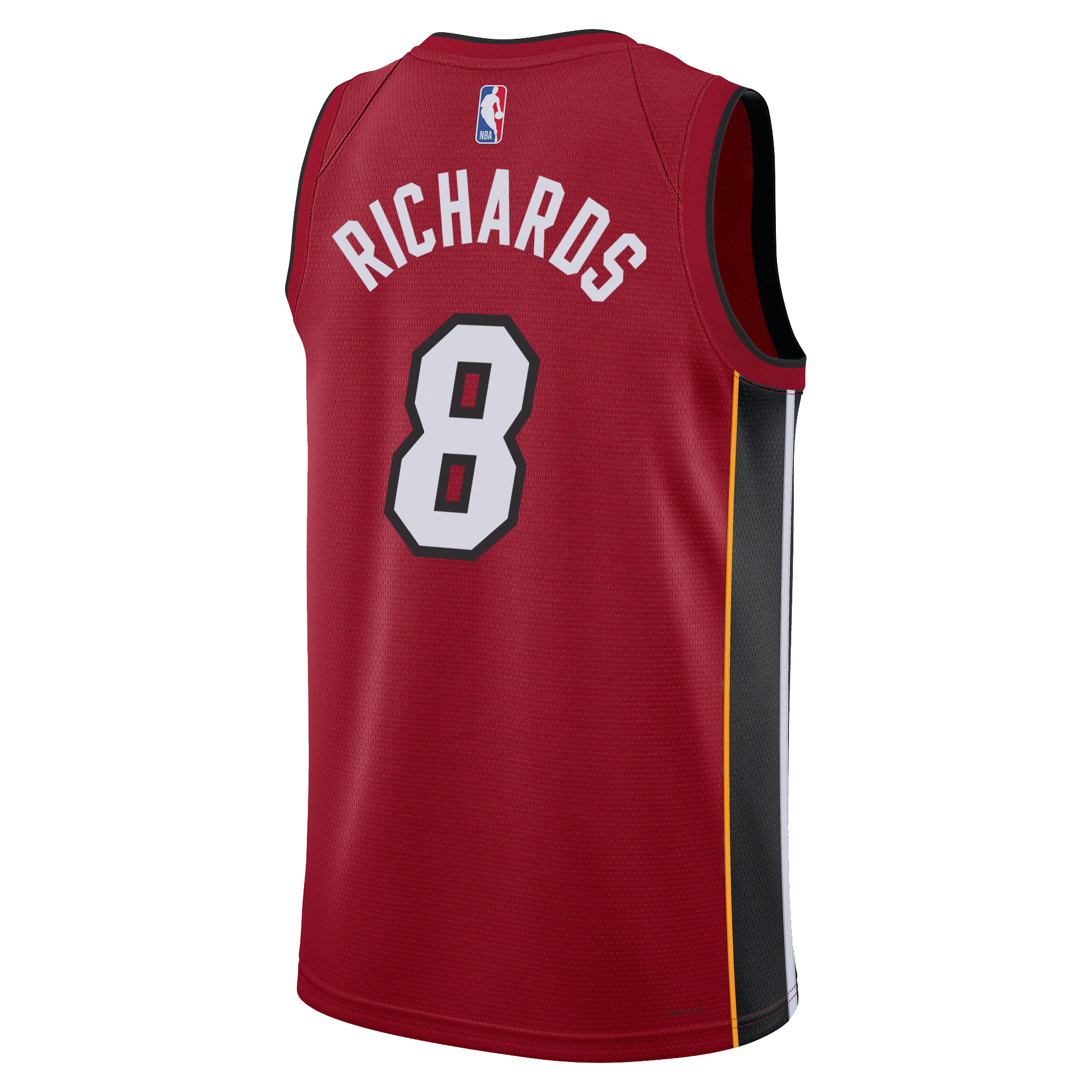 Red, moisture-wicking Nick Richards Nike Jordan Brand Miami HEAT Statement Red Swingman Jersey with RICHARDS and 8 printed on the back in white with black trim.