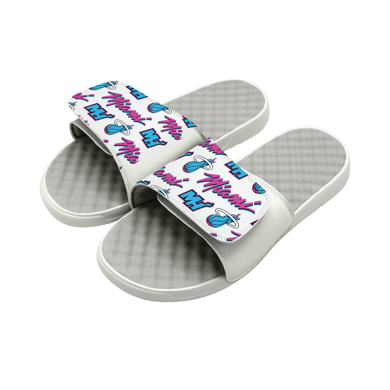 White Miami HEAT Original Vice Pattern slide sandals with cushioned footbed and adjustable strap. - Islide Miami HEAT Original Vice Pattern Sandals