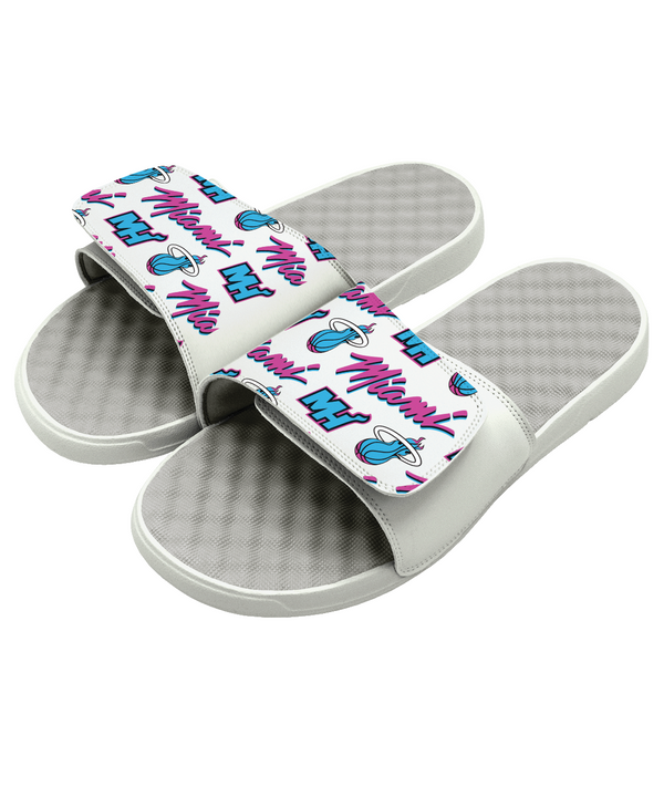 White and gray Miami HEAT sliders with pink and blue Vice Pattern design on straps. - Islide Miami HEAT Original Vice Pattern Sandals