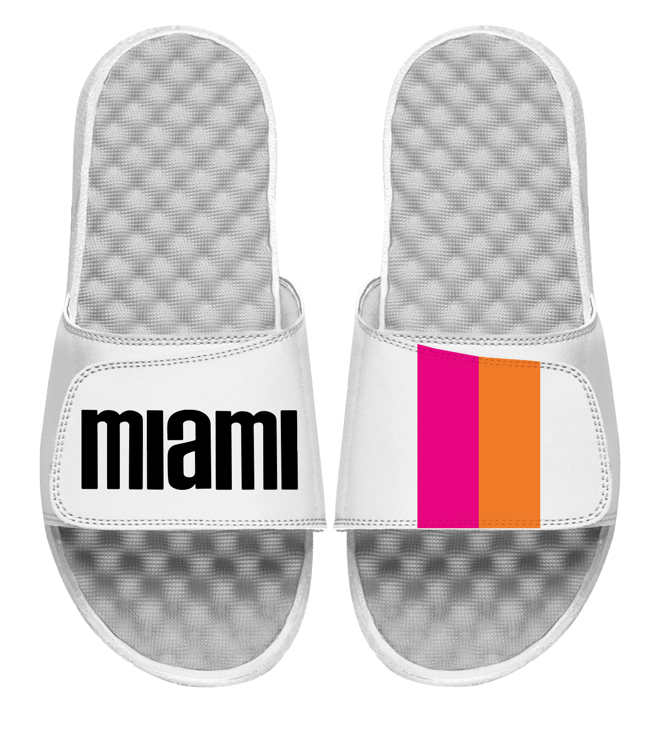 White slide sandals with gray textured footbeds, adjustable straps featuring 