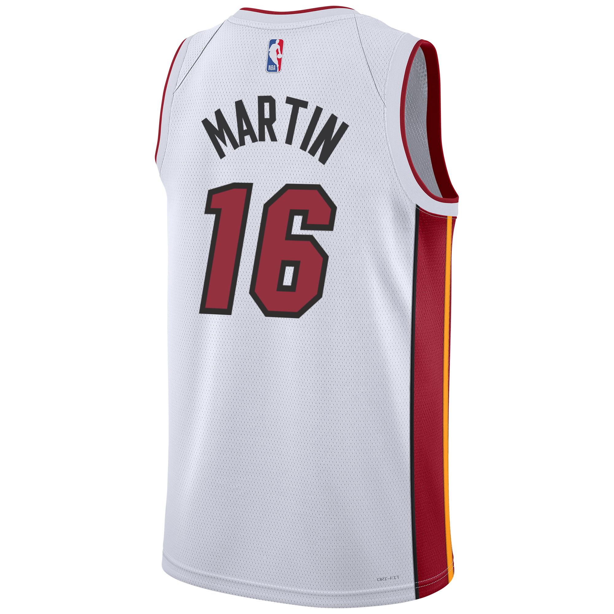 White Miami HEAT swingman jersey with red and yellow side panels, Caleb Martin 16 on back. - Caleb Martin Nike Association White Swingman Jersey