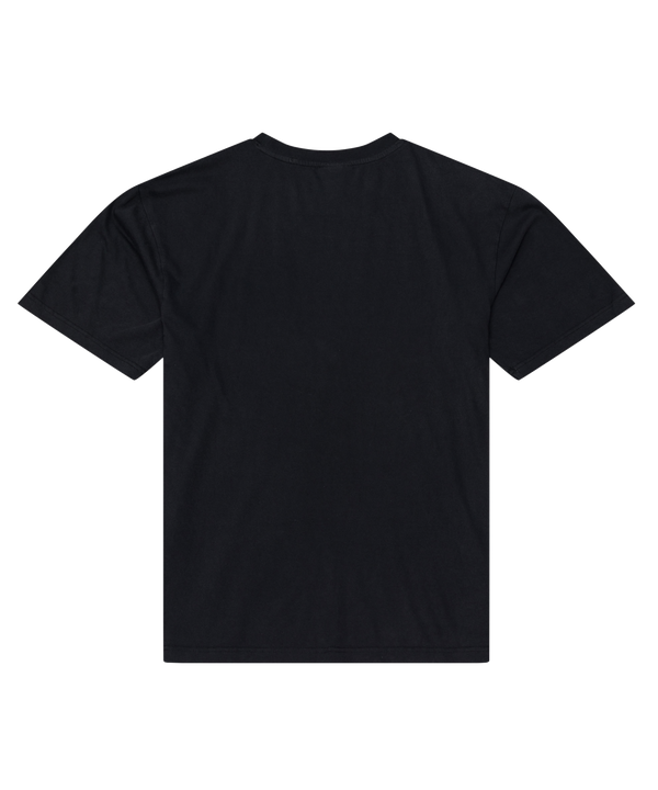 The Mitchell & Ness Miami HEAT Core Essential Tee by Mitchell & Ness features a black short-sleeve design with a small team graphic logo on the left chest and a rectangular label near the bottom hem. The T-shirt is laid flat on a white background.