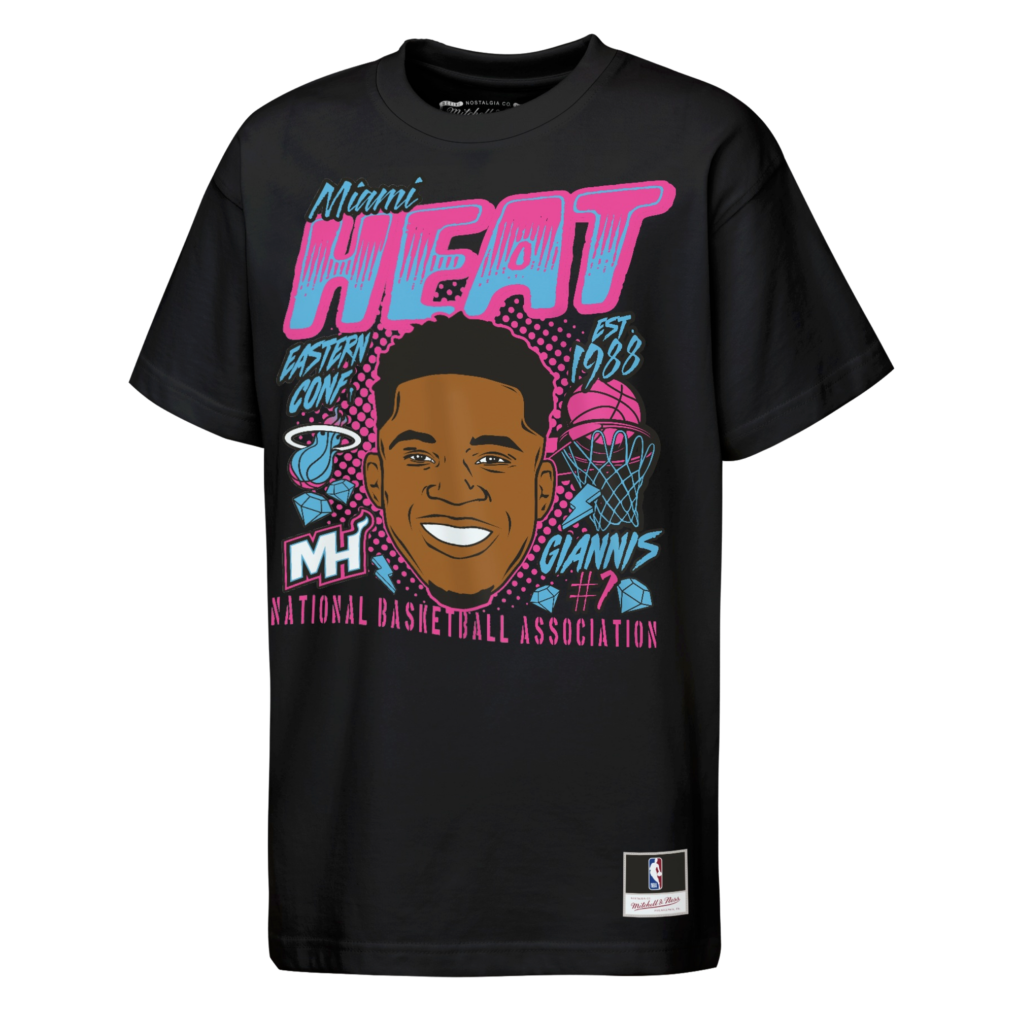 The Giannis Antetokounmpo Mitchell & Ness Miami HEAT Neon Prime Youth Tee by Mitchell & Ness is a black t-shirt made from soft cotton, featuring a playful cartoon basketball player, hoop, and vibrant text that reads “Miami Heat,” “Eastern Conf.,” “1988,” “National Basketball Association,” and “Giannis #7” in eye-catching pink, blue, and white colors. This standard-fit shirt offers everyday comfort and is easy to care for—just machine wash as needed.