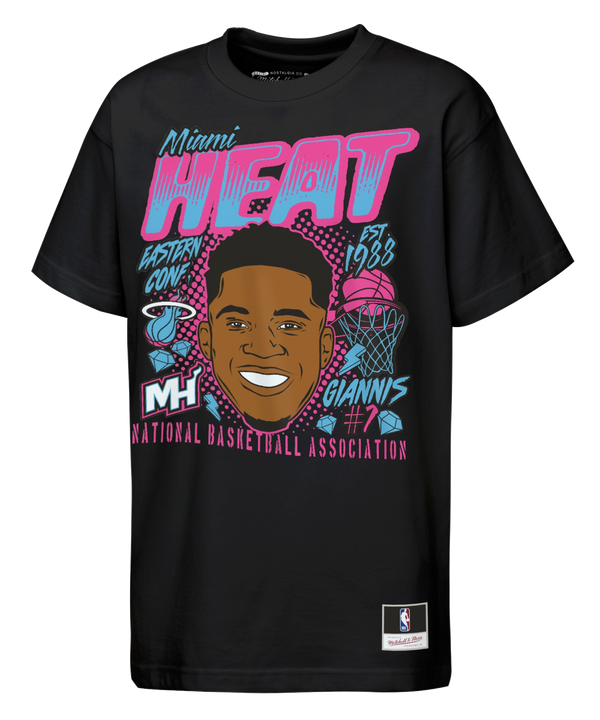 The Giannis Antetokounmpo Mitchell & Ness Miami HEAT Neon Prime Youth Tee by Mitchell & Ness is a black t-shirt made from soft cotton, featuring a playful cartoon basketball player, hoop, and vibrant text that reads “Miami Heat,” “Eastern Conf.,” “1988,” “National Basketball Association,” and “Giannis #7” in eye-catching pink, blue, and white colors. This standard-fit shirt offers everyday comfort and is easy to care for—just machine wash as needed.