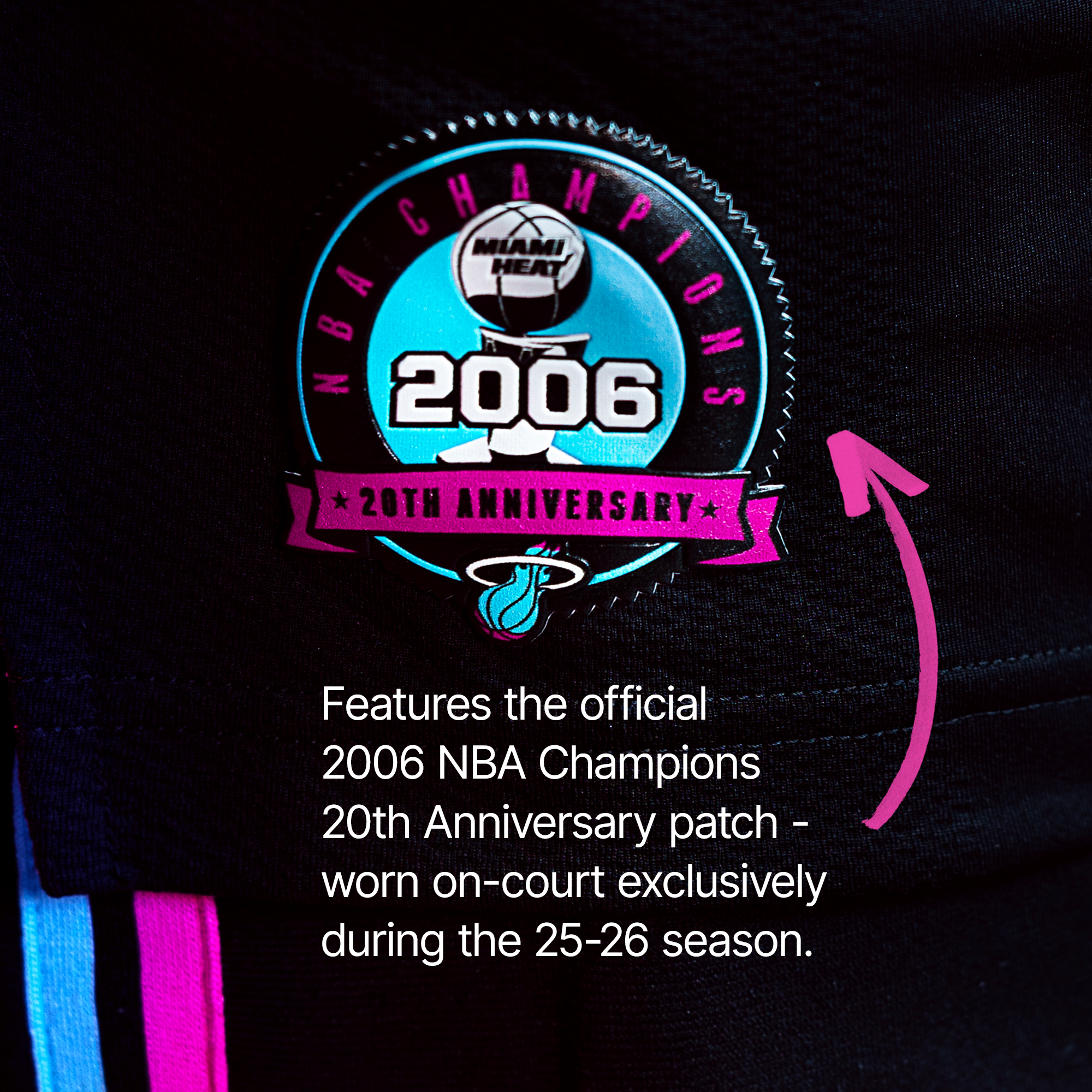 Close-up of a Personalized Nike Original Vice Nights Youth Swingman Jersey by Nike, showcasing the official 2006 NBA Championship patch, worn in the 2025-26 season to mark the Miami Heat’s 20th anniversary of their first NBA title.