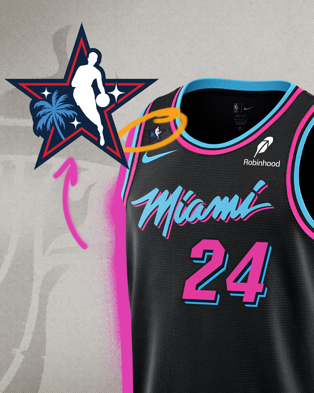 The Nike Norman Powell Original Vice Nights Swingman Jersey features teal and pink colors, the number 24 in polyester, All-Star chest patch with palm trees, and logos from Nike, Robinhood, and NBA.