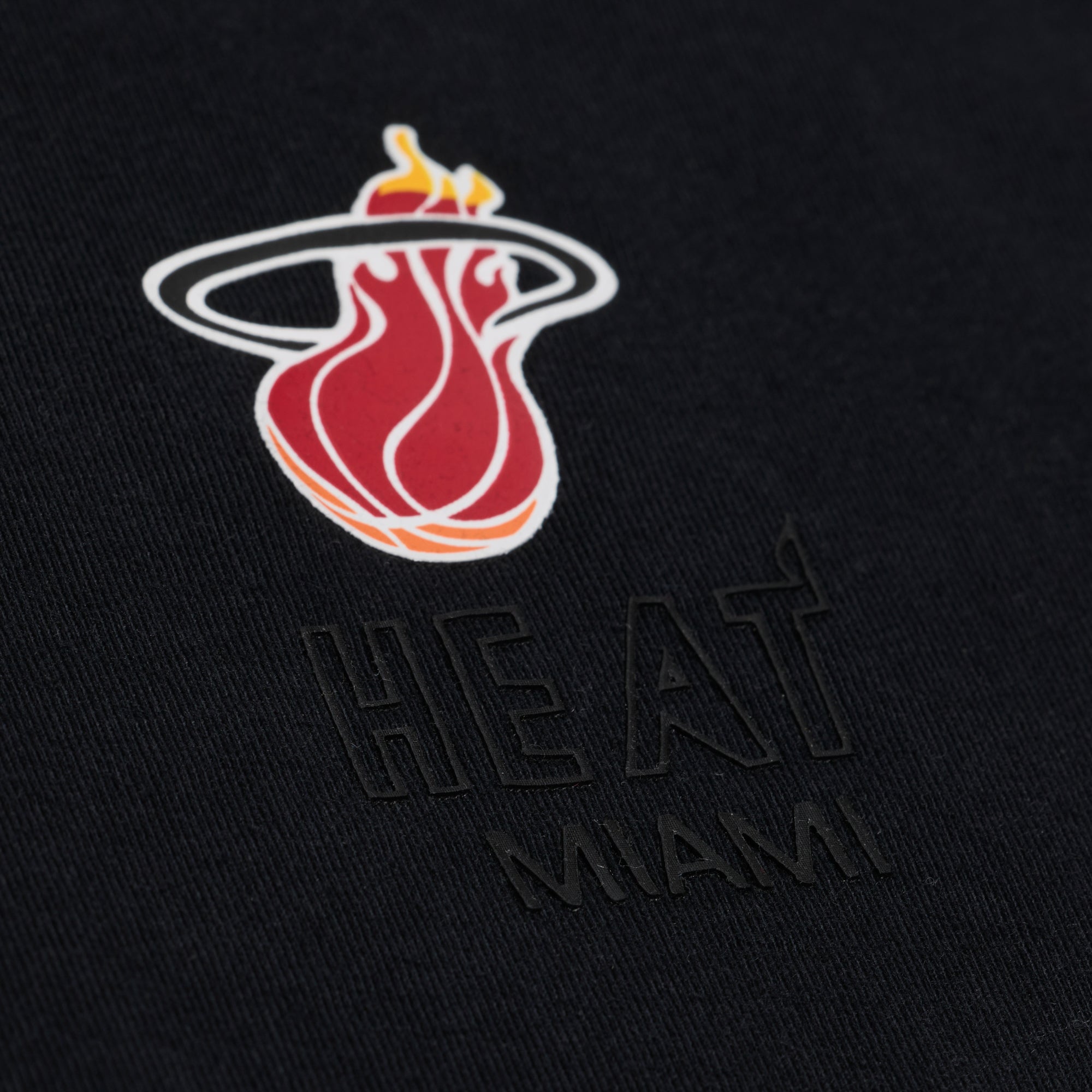 Show off classic team pride in the Mitchell & Ness Miami HEAT Core Essential Tee, featuring a bold Miami Heat logo with a flaming basketball soaring through a hoop above raised black “HEAT MIAMI” lettering on dark fabric—perfect for fans who want to wear iconic style from Mitchell & Ness.