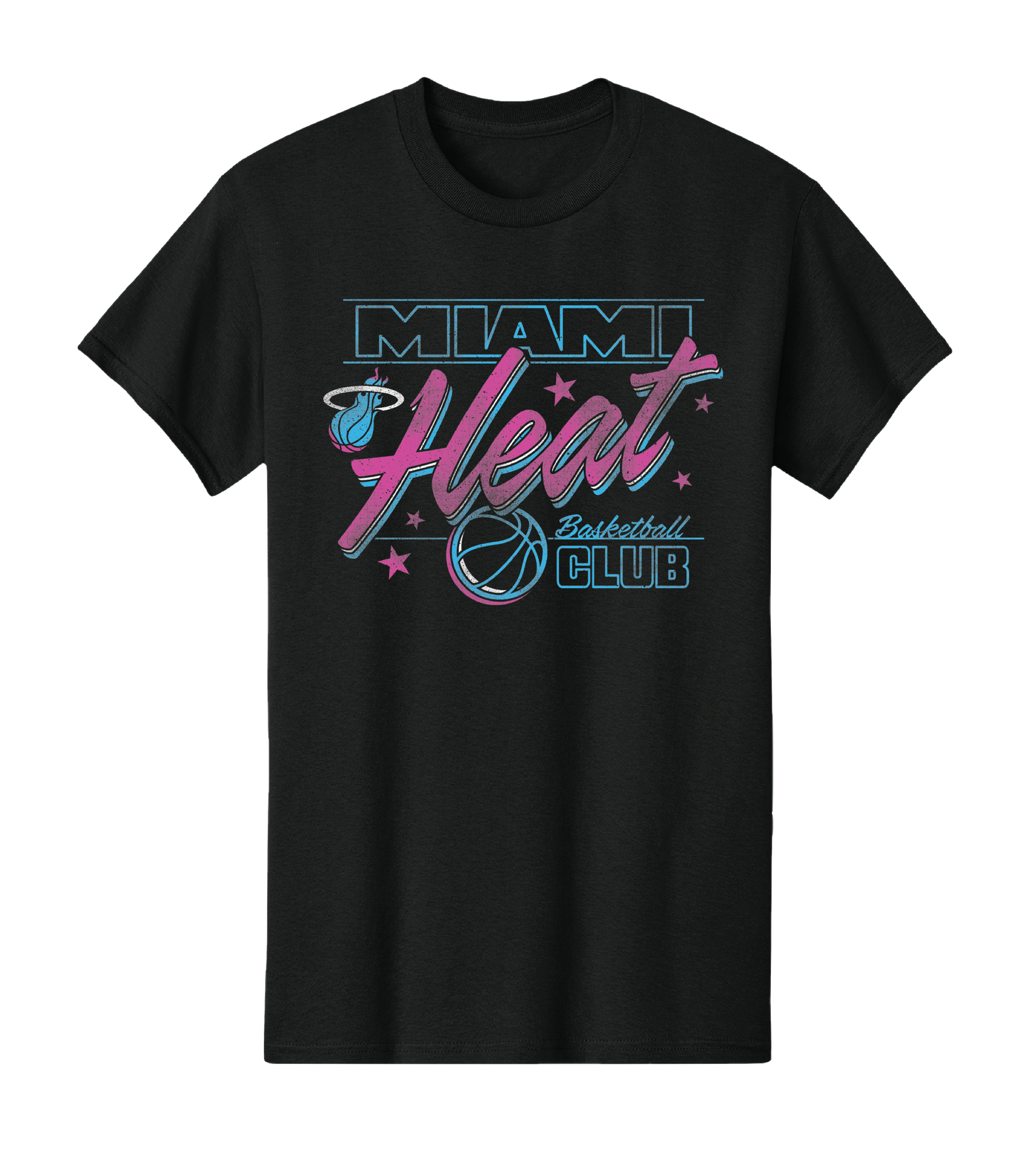 The Miami HEAT Original Vice Nights Basketball Club Tee by Item Of The Game is a black 100% cotton shirt with neon blue and pink Miami Heat graphics, stars, and the flaming basketball logo. Standard fit; machine wash cold for best care.