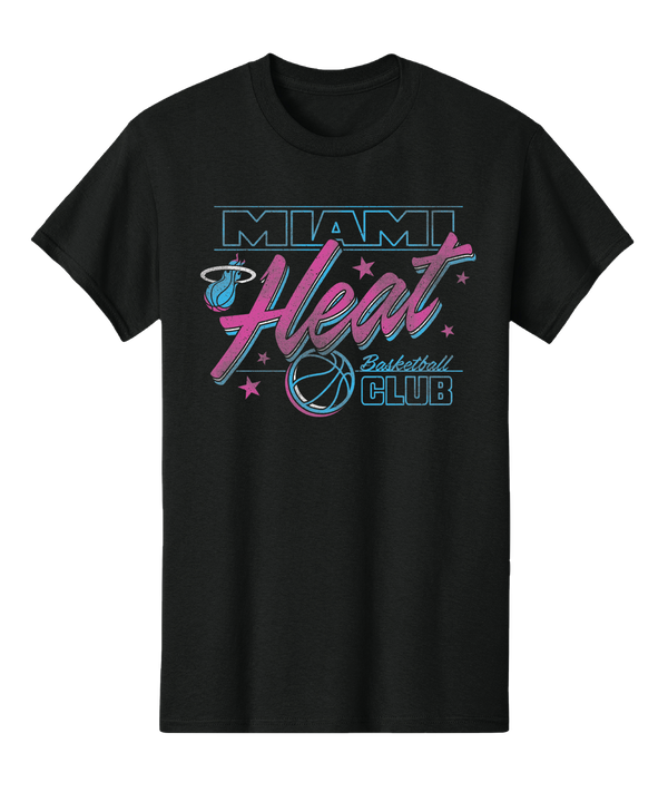 The Miami HEAT Original Vice Nights Basketball Club Tee by Item Of The Game is a black 100% cotton shirt with neon blue and pink Miami Heat graphics, stars, and the flaming basketball logo. Standard fit; machine wash cold for best care.