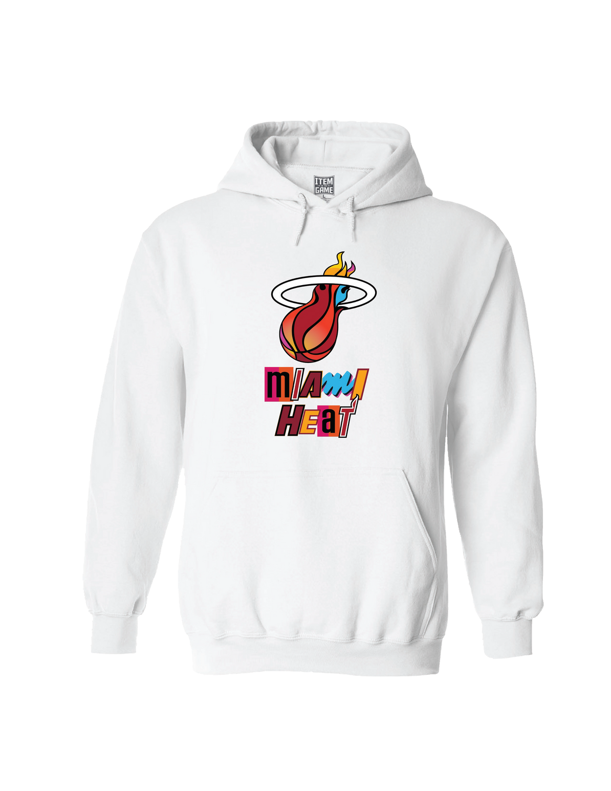 White Miami HEAT hoodie with colorful flame logo and bold lettering, long sleeves, front pocket, drawstring hood. - Miami Mashup Vol. 2 Hoodie