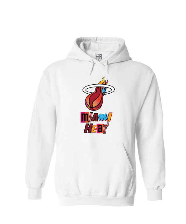 White Miami HEAT hoodie with colorful flame logo and bold lettering, long sleeves, front pocket, drawstring hood. - Miami Mashup Vol. 2 Hoodie