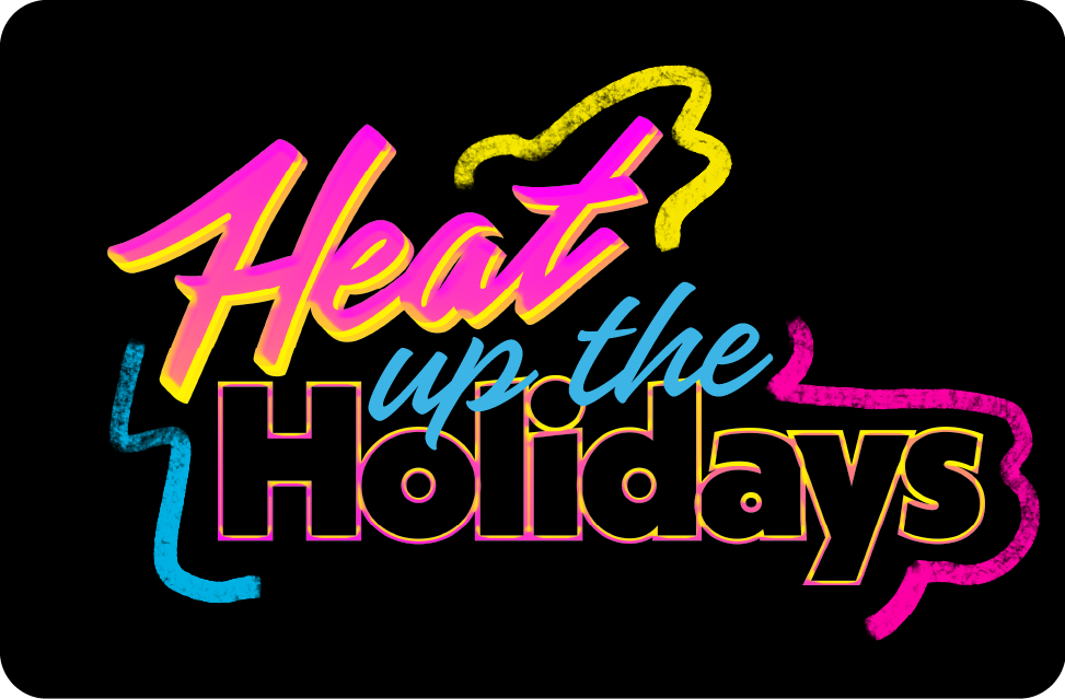 A retro neon graphic reads “Heat up the Holidays” in bright pink, yellow, blue, and black with colorful squiggles—a fun design for the Miami HEAT Store E-Gift Card, delivered instantly by email for easy gifting.
