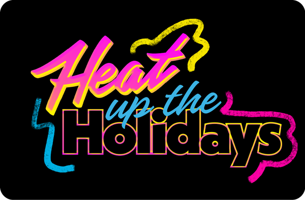 A retro neon graphic reads “Heat up the Holidays” in bright pink, yellow, blue, and black with colorful squiggles—a fun design for the Miami HEAT Store E-Gift Card, delivered instantly by email for easy gifting.