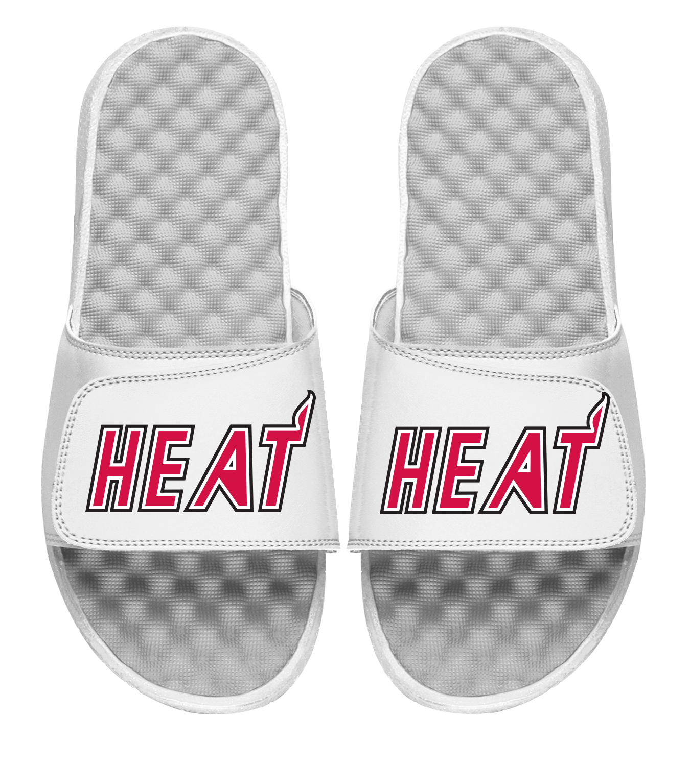 White Miami HEAT Classic Edition slides with red and black wordmark and textured footbed. - Islide Miami HEAT Classic Edition Wordmark Sandals