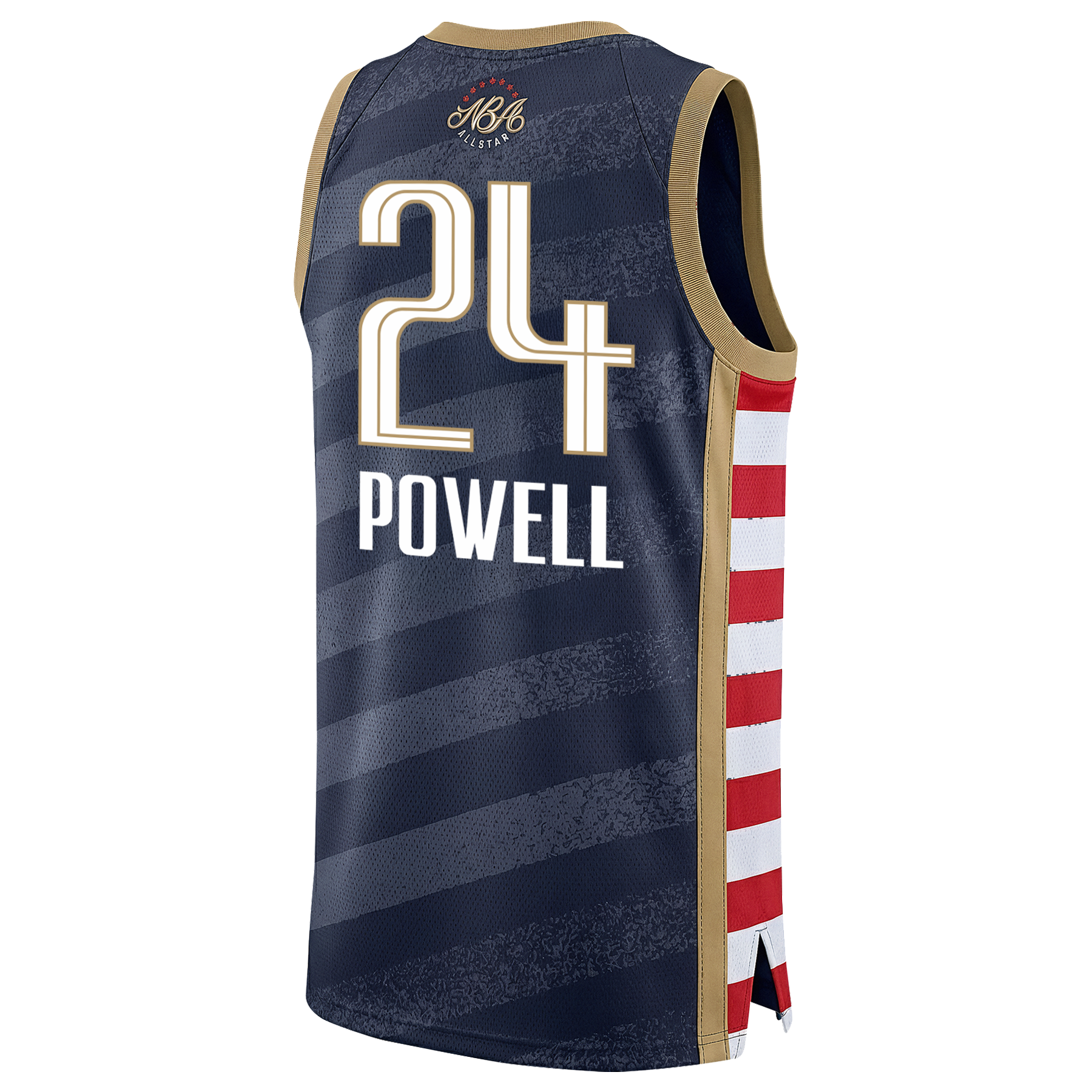 Nike Norman Powell Jordan Brand 2026 All-Star Youth Swingman Jersey: navy blue with gold trim, white/red side stripes, 