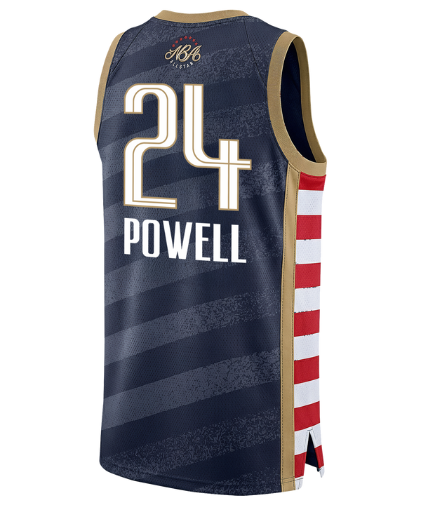 The Nike Norman Powell Jordan Brand 2026 All-Star Youth Swingman Jersey features navy blue with gold trim, “USA All Stars” text, red and gold stars, a player silhouette, NBA and Jordan logos. Standard fit polyester; machine wash cold.