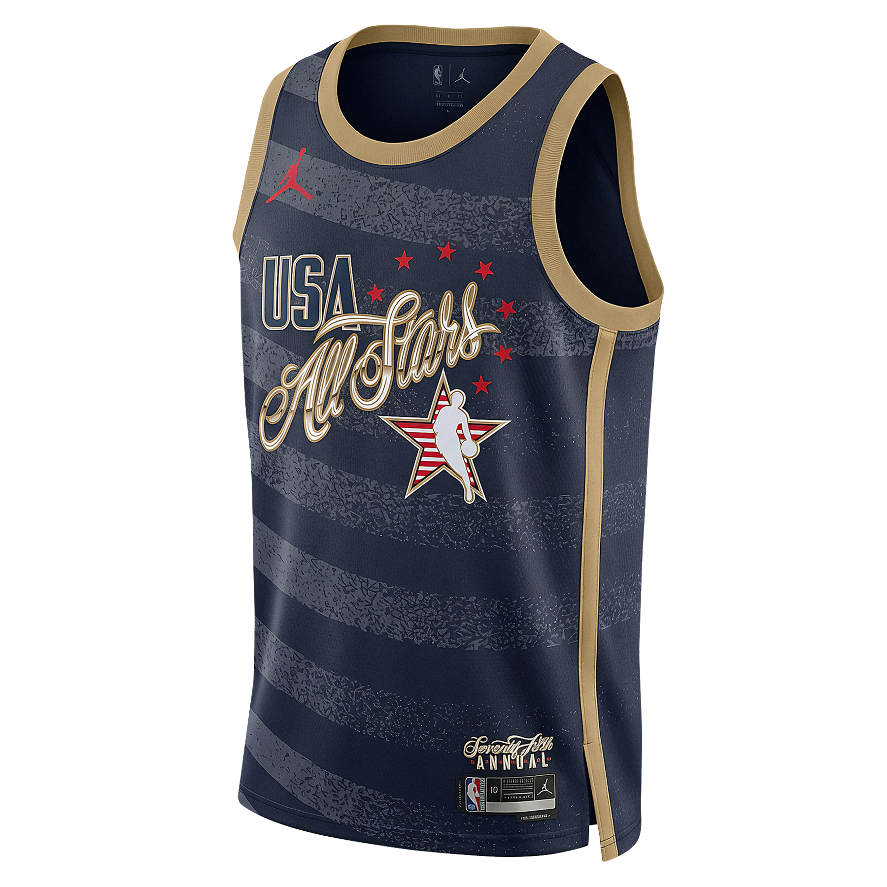 The Nike Norman Powell Jordan Brand 2026 All-Star Youth Swingman Jersey features navy blue with gold trim, “USA All Stars” text, red and gold stars, a player silhouette, NBA and Jordan logos. Standard fit polyester; machine wash cold.