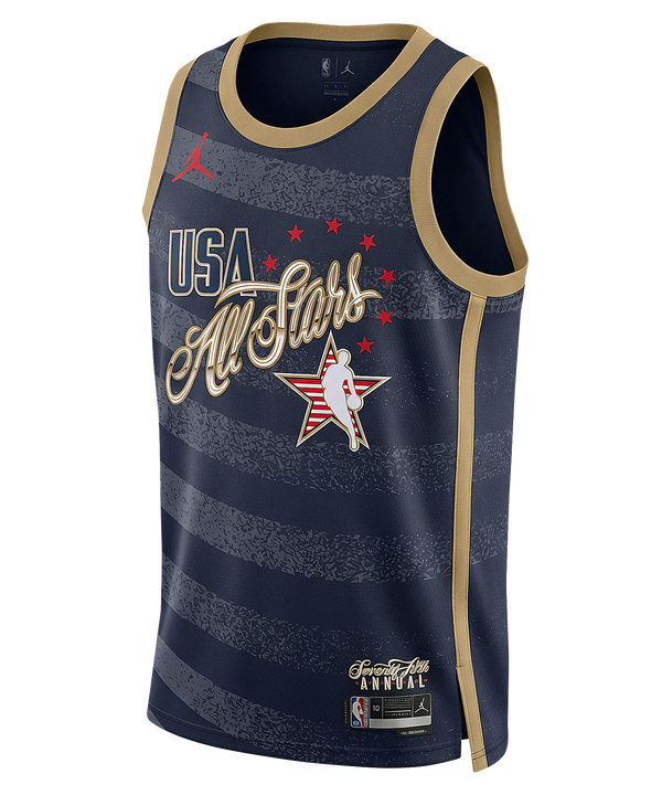The Nike Norman Powell Jordan Brand 2026 All-Star Youth Swingman Jersey features navy blue with gold trim, “USA All Stars” text, red and gold stars, a player silhouette, NBA and Jordan logos. Standard fit polyester; machine wash cold.