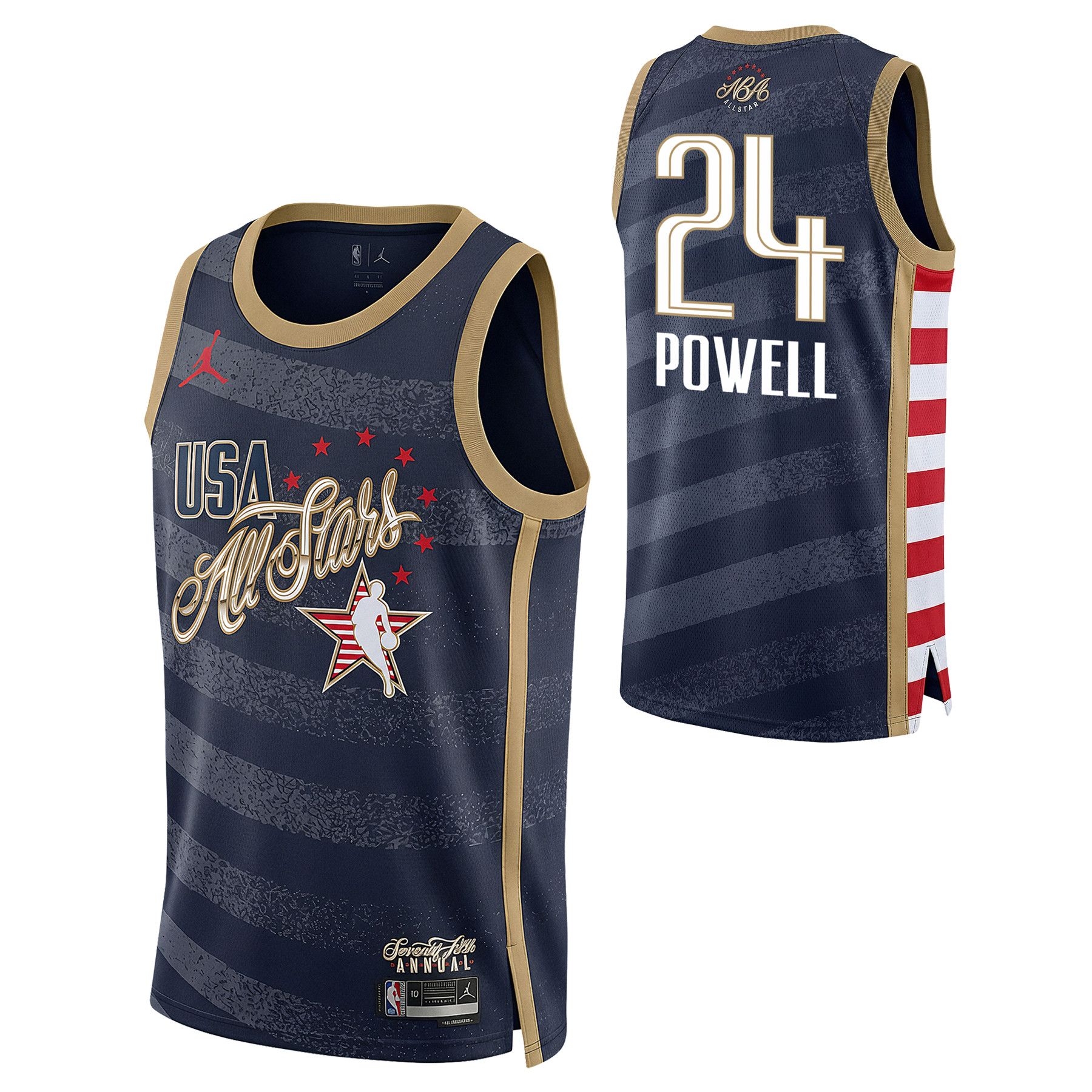 Front and back views of the Nike Norman Powell Jordan Brand 2026 All-Star Youth Swingman Jersey, standard fit navy polyester with gold trim, 