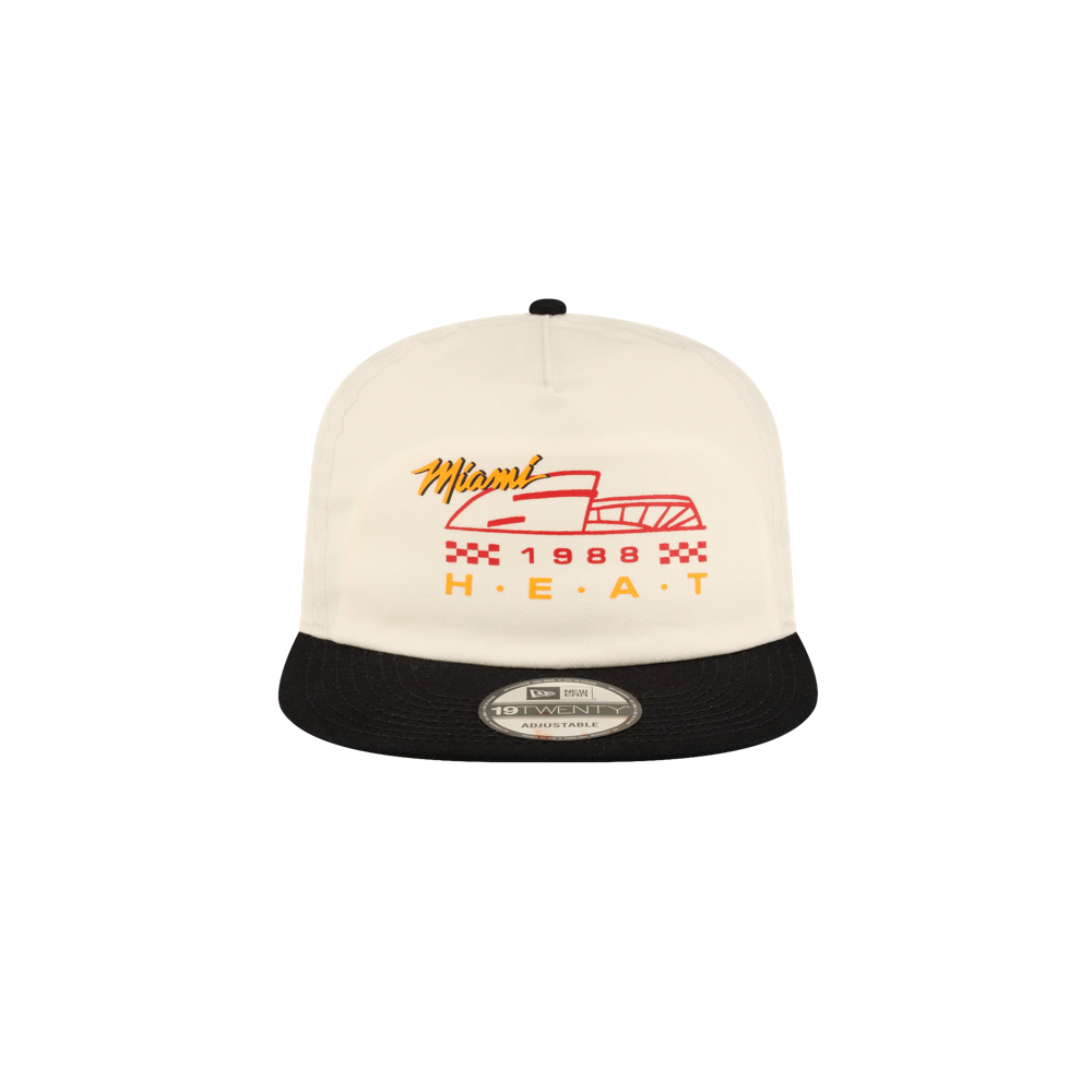 Court Culture x New Era Facade snapback in cream-colored cotton with a black brim and a front graphic featuring Miami, 1988, and HEAT above a stylized car illustration.
