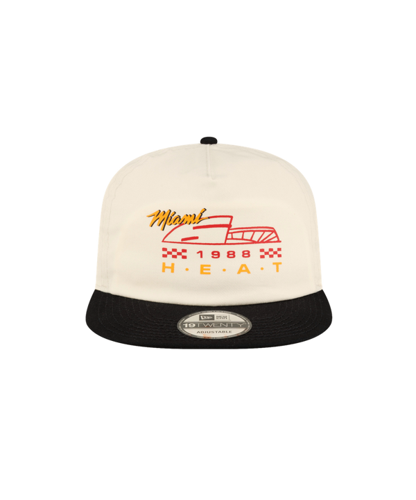 Court Culture x New Era Facade snapback in cream-colored cotton with a black brim and a front graphic featuring Miami, 1988, and HEAT above a stylized car illustration.