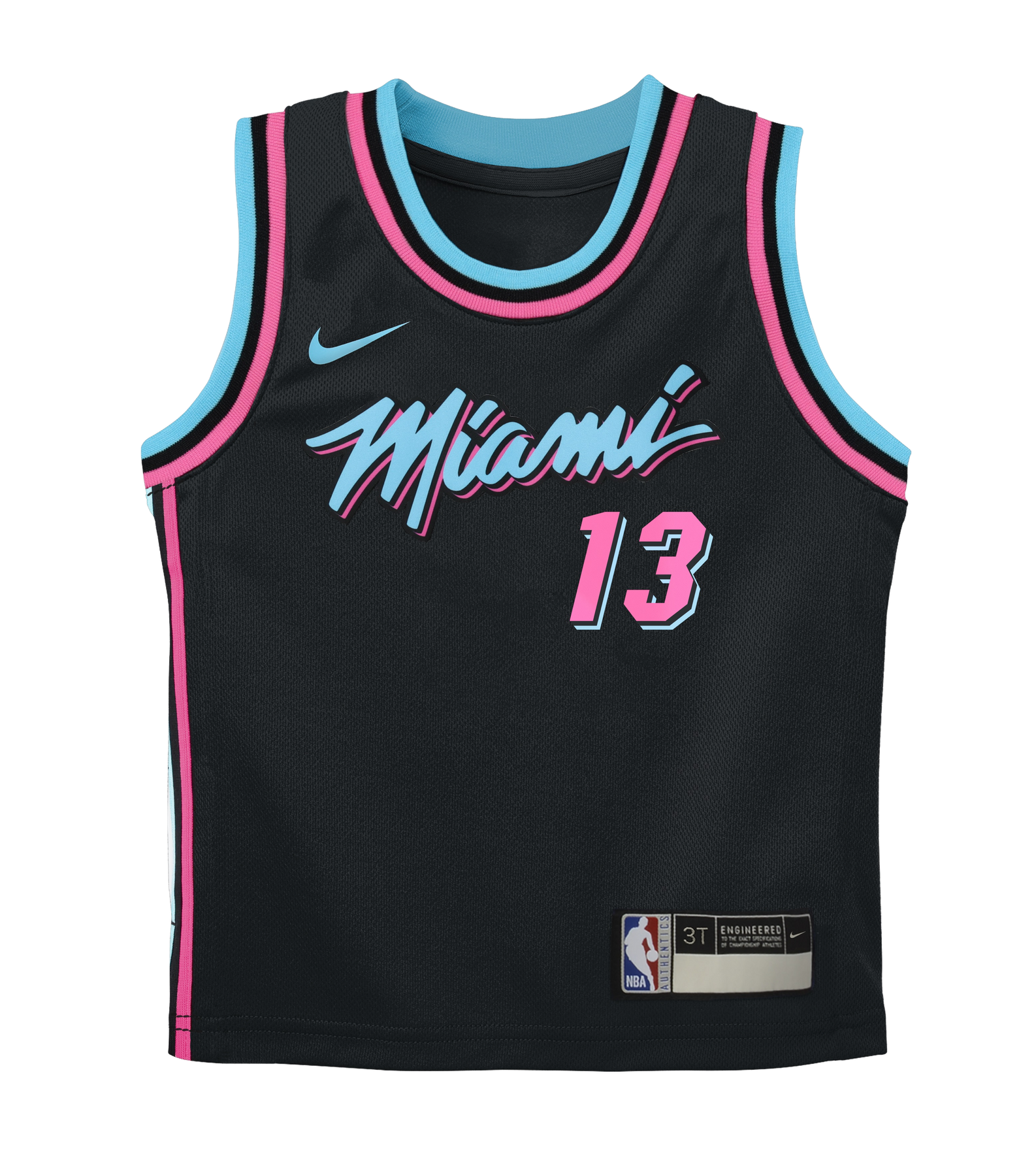 The Nike Bam Adebayo Original Vice Nights Kids Replica Jersey features a standard fit in black polyester with neon pink and blue trim, 