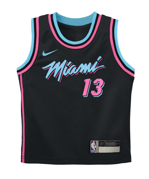 The Nike Bam Adebayo Original Vice Nights Kids Replica Jersey features a standard fit in black polyester with neon pink and blue trim, 