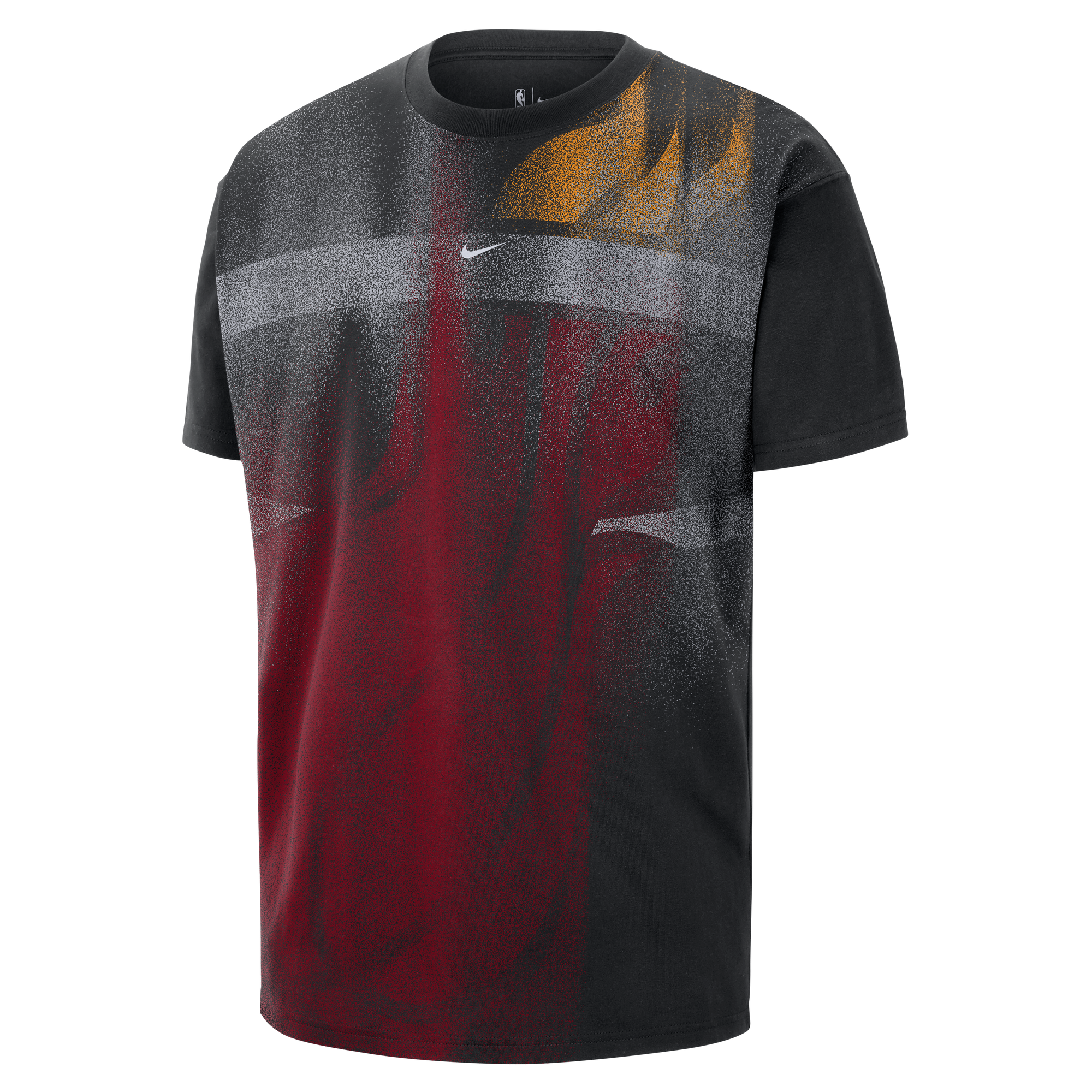 The Nike Miami HEAT Oversized Logo Game Tee is a black cotton t-shirt from Nike, featuring a loose fit with a white swoosh logo and a bold red, gray, and yellow graphic across the front inspired by the Miami HEAT basketball team logo.