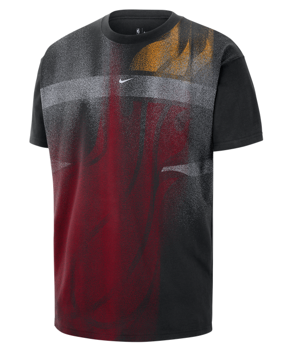 The Nike Miami HEAT Oversized Logo Game Tee is a black cotton t-shirt from Nike, featuring a loose fit with a white swoosh logo and a bold red, gray, and yellow graphic across the front inspired by the Miami HEAT basketball team logo.