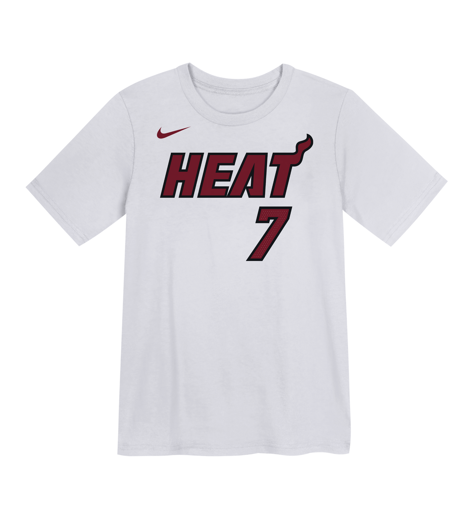 This white cotton Giannis Antetokounmpo Nike Association Kids Tee showcases the Miami Heat logo and number 7 in bold red and black on the front, accented by a small red Nike logo on the left shoulder. Designed by Nike with a standard fit for all-day comfort, this t-shirt is also machine washable for easy care.
