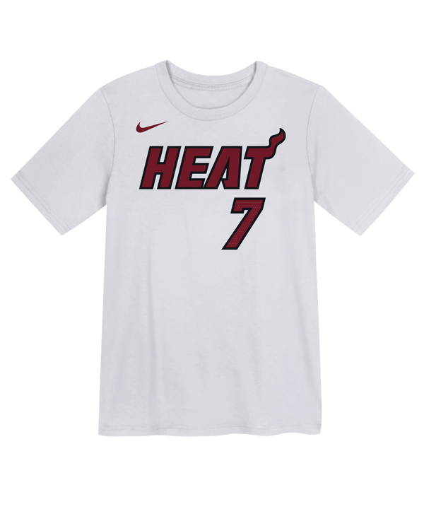 This white cotton Giannis Antetokounmpo Nike Association Kids Tee showcases the Miami Heat logo and number 7 in bold red and black on the front, accented by a small red Nike logo on the left shoulder. Designed by Nike with a standard fit for all-day comfort, this t-shirt is also machine washable for easy care.