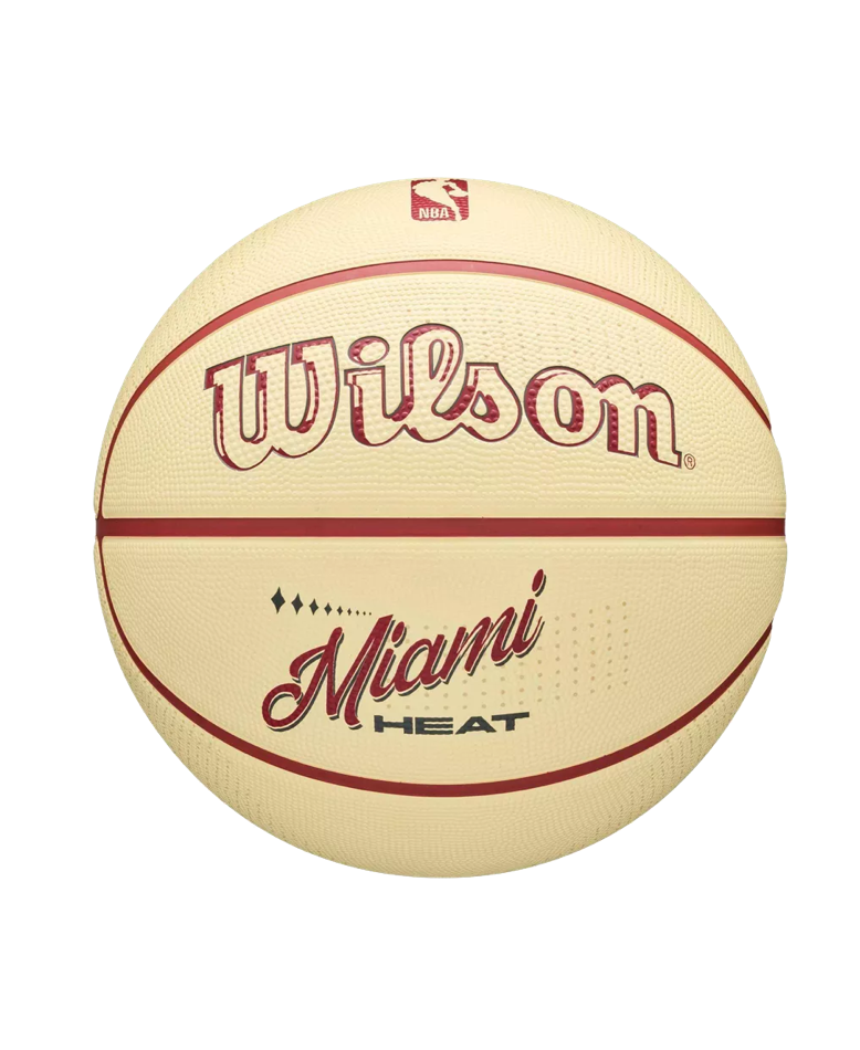 Wilson Miami HEAT Modern Rubber Basketball in cream with red seams, featuring the NBA logo, Miami HEAT text, and a 7 pressure lock design.