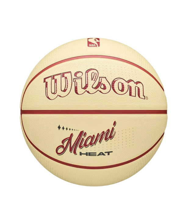Wilson Miami HEAT Modern Rubber Basketball in cream with red seams, featuring the NBA logo, Miami HEAT text, and a 7 pressure lock design.