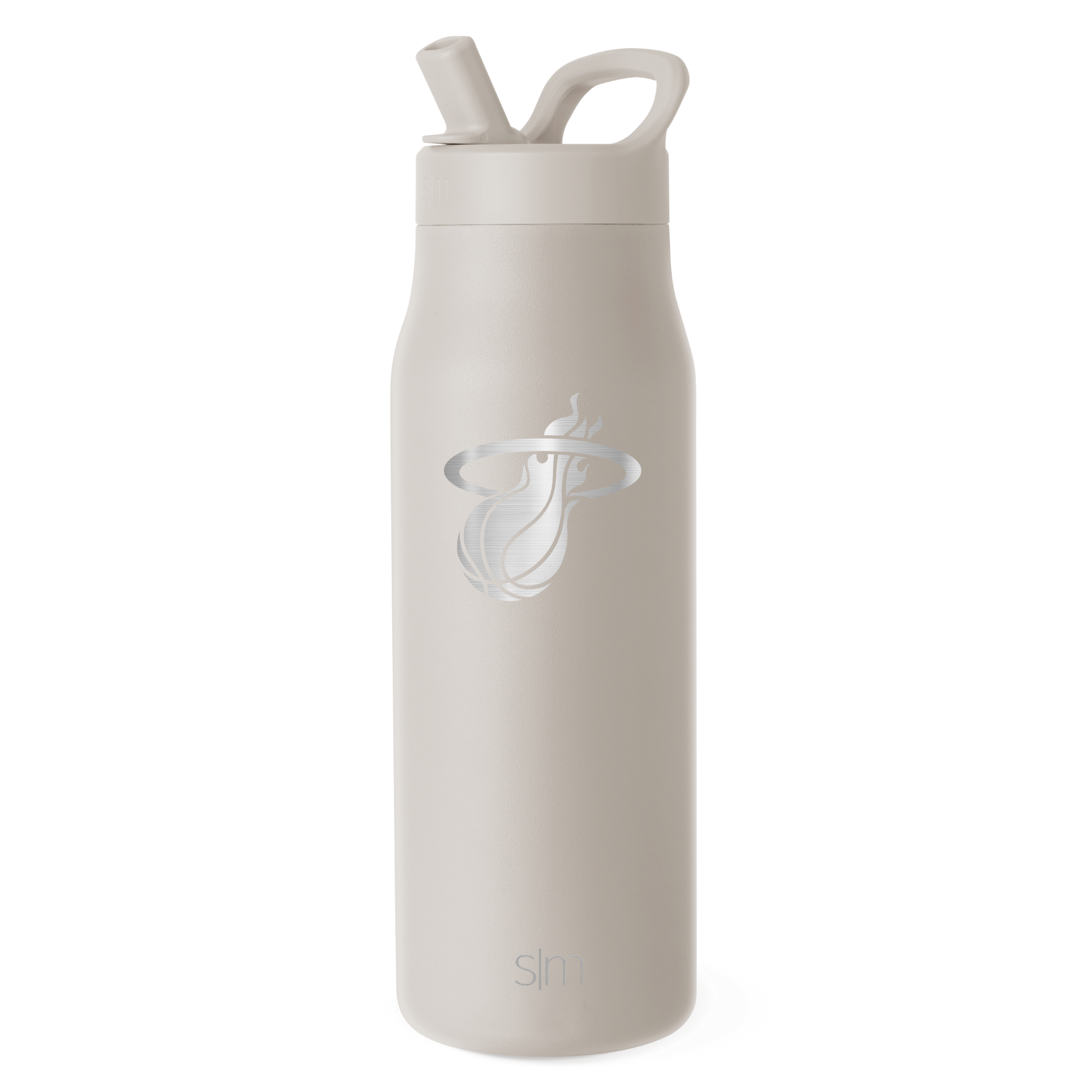 Sure! Here’s a rewritten sentence using the provided product data: The Simple Modern Miami HEAT Almond 34oz Engraved Bottle features double wall insulation, a built-in straw lid, and showcases a silver Miami Heat basketball team logo on the front.