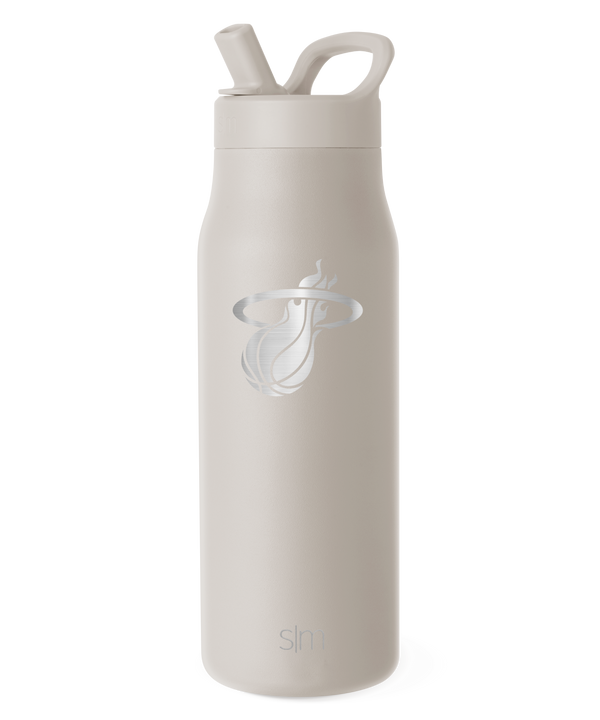 Sure! Here’s a rewritten sentence using the provided product data: The Simple Modern Miami HEAT Almond 34oz Engraved Bottle features double wall insulation, a built-in straw lid, and showcases a silver Miami Heat basketball team logo on the front.