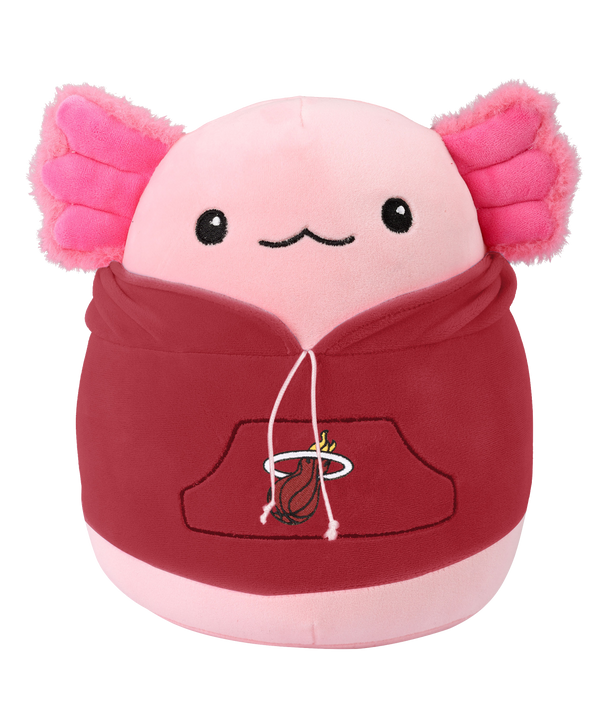 The Miami HEAT Squishy Axolotl Plushie by Forever Collectibles is a 10-inch pink plush toy with a smiling face, dressed in a red hoodie featuring the Miami Heat logo. Made from soft polyester and surface washable for easy care.