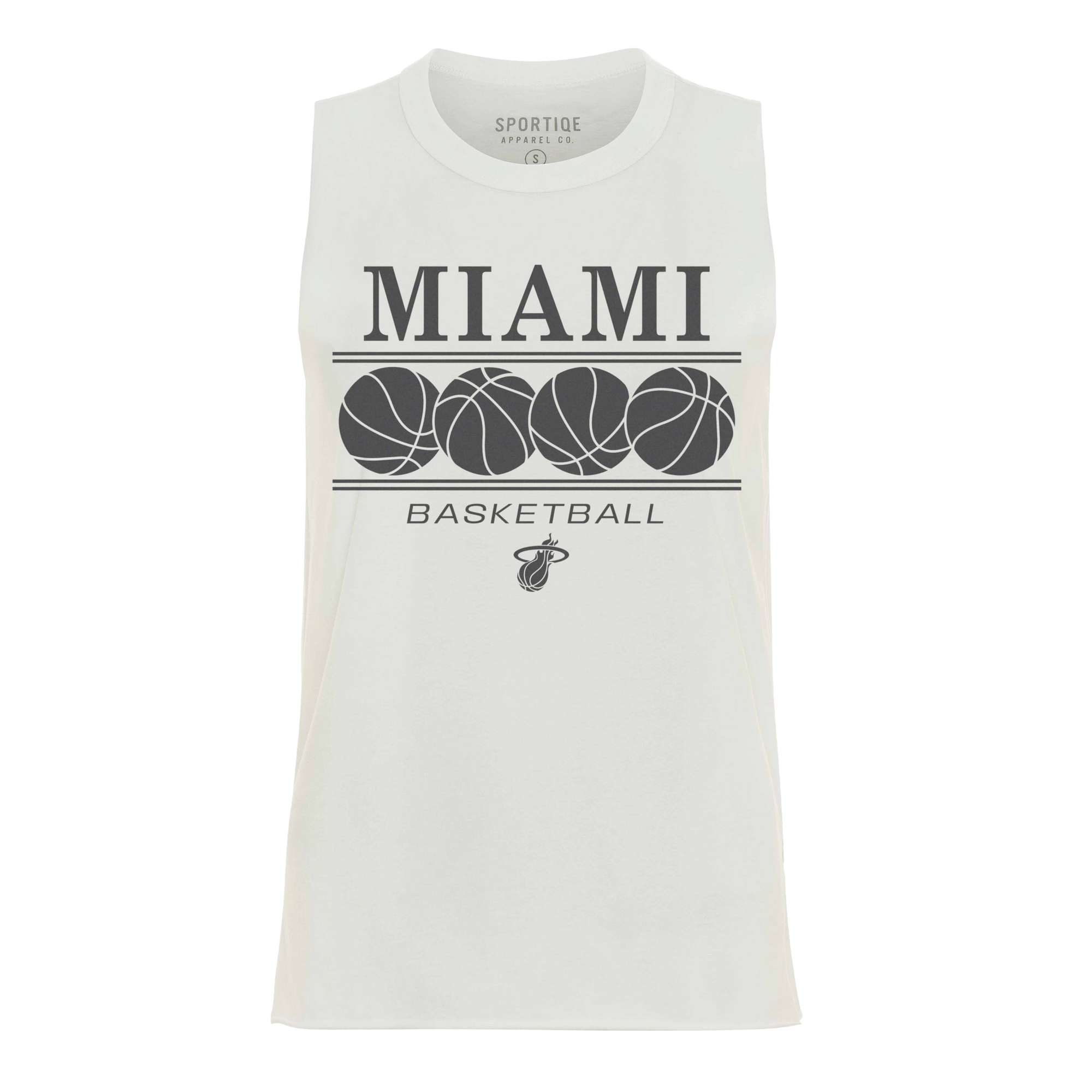 The Sportiqe Miami HEAT Basketball Women's Tank Top features MIAMI lettering above four basketball graphics, 